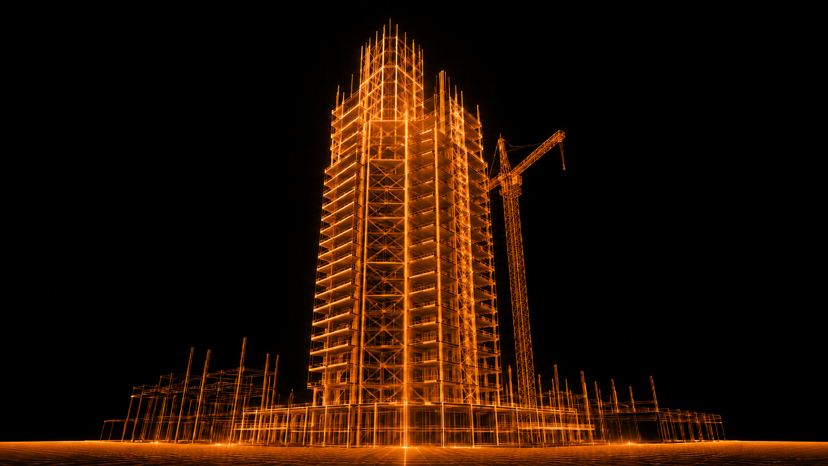 Wireframe building under construction representing infrastructure work