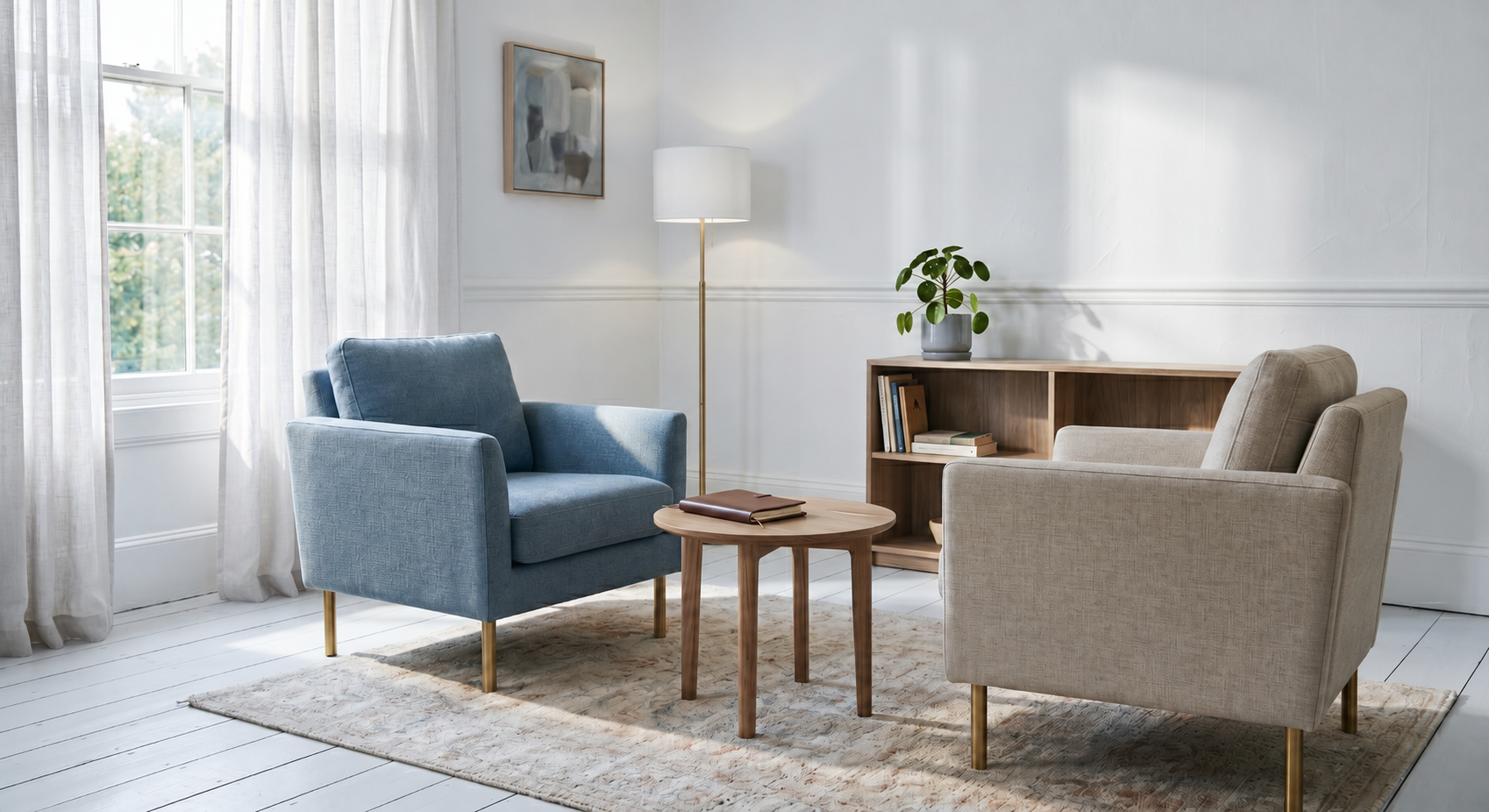 Calm therapist office interior with two chairs, soft daylight
